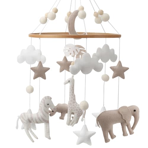 Safari Mobile for Crib - A Neutral Handmade White Jungle Crib Mobile with Safari Animals Clouds and Stars for a Neutral Nursery