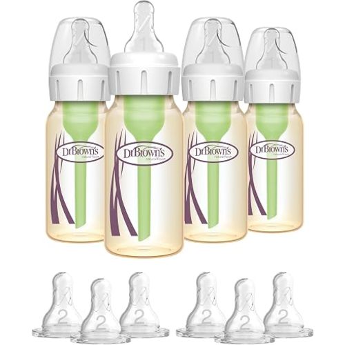 Bundle of Dr. Brown's Anti-Colic Options+ Narrow PPSU Baby Bottle with L1, 4 oz/120 ml, 2-Pack + Natural Flow L2, 6-Count, Silicone Nipples