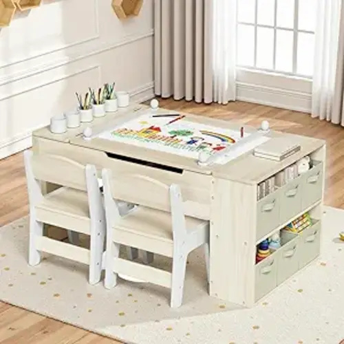 MAMIZO 3 in 1 Kids Art Table and Chair Set, Versatile Tabletop Large Storage, Sturdy, Wood Toddler Activity Desk with 6 Paint Cups, 6 Storage Bins & Paper Roll for Draw, Write, Play, Crafts (Yellow)