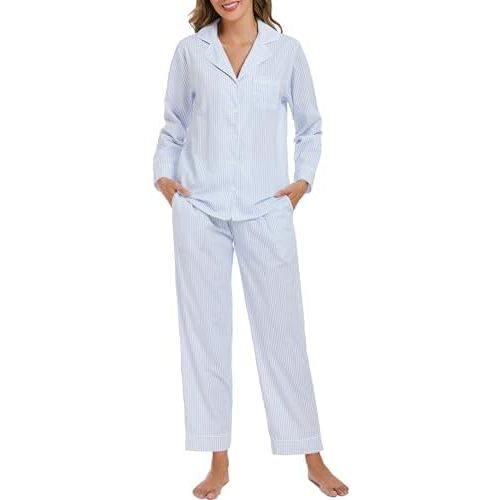 LUBOT 100% Cotton Pajamas for Women 2 Piece PJ Set Woven Poplin Ladies Button Long Sleeve Lightweight Sleepwear XS-XXL