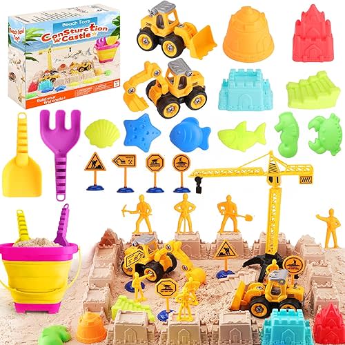 Beach Toys for Kids Ages 4-8: Construction Sand Toys Set with Collapsible Beach Bucket, Castle Molds & Trucks, Durable Beach Sand Play Kit for Boys & Girls
