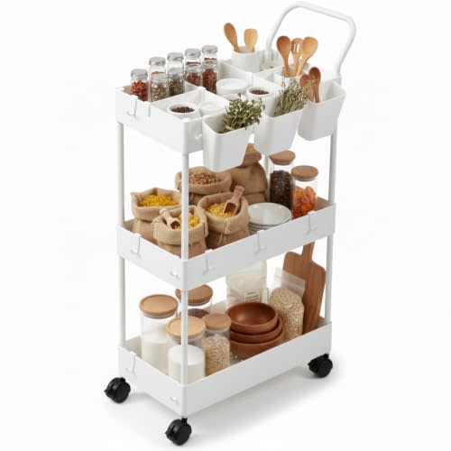 danpinera Storage Cart on Wheels, 3 Tier Slim Laundry with Wheels Bathroom Organizer with Hanging Cups Hooks Dividers Handle Mobile Rolling Art Cart for Bathroom Kitchen Narrow Places, White