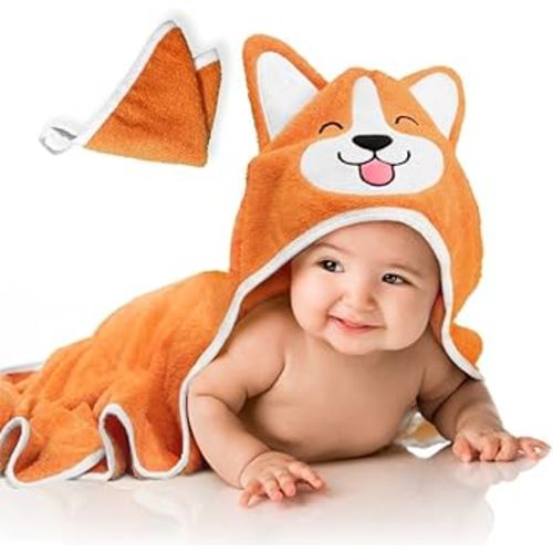 Generic Corgi Dog Baby Bath Hooded Towel - Cozy & Warm - Ultra Soft and Absorbent - Baby Bath - Toddler - Newborn - Pets - Free Washcloth - 35" x 35" (Orange)