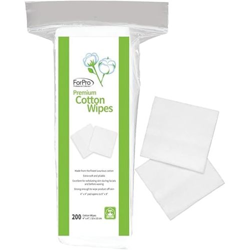 ForPro Professional Collection Premium Cotton Wipes, 100% Cotton, Extra-Soft, for Cosmetic, Nail, and Personal Care, 4” x 4”, 200-Count