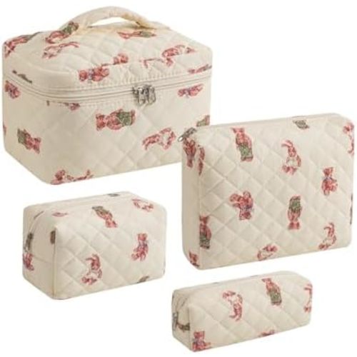 uekeboag 2 pcs Large Floral Quilted Makeup Bag Set for Women, Cotton Quilted Big Cosmetic Bag, Coquette Aesthetic Cute Travel Toiletry Bag