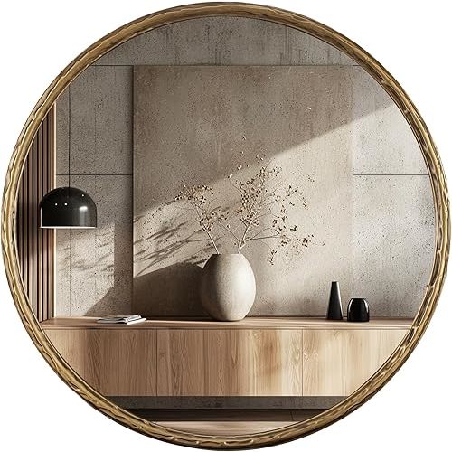 Round Bathroom Mirror-RD24 Inch Antique Gold Color Vintage Metal Framed Accent Mirror, Modern Rustic Distressed Wall Mirror Decorative for Bedroom, Living Room,Hallway-Wave Inspired Style