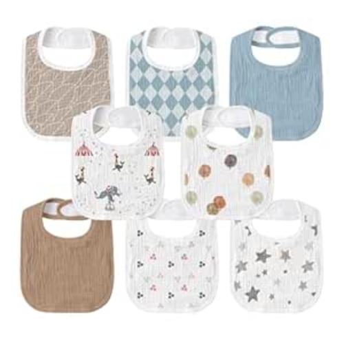 Baby Muslin Bibs 8 Pack, Drooling and Teething Bibs for Baby Boy, Absorbent, Soft Organic Cotton, Adjustable Bandana Bib for Newborn, Toddler, Infant 0-36 Months, Blue