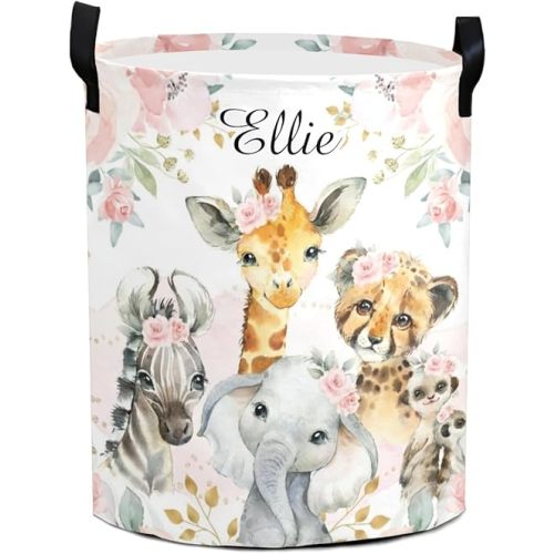 Jungle Safari Animals Pink Floral Personalized Laundry Basket Custom Name Collapsible Waterproof Laundry Hamper Clothes with Handle for Bedroom Bathroom Nursery Decor