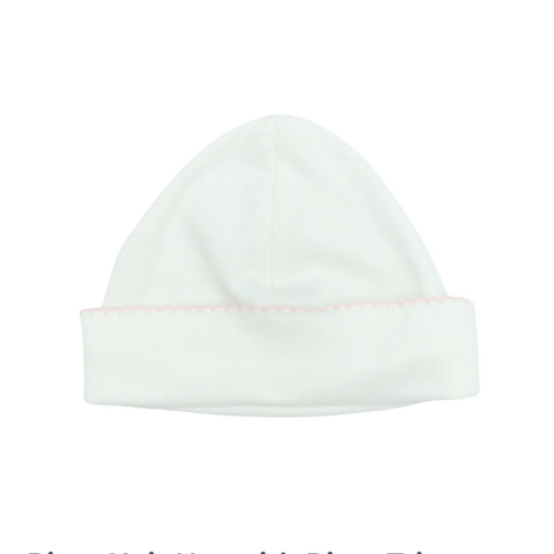 Pima Knit Hat with Picot Trim - White with Pink