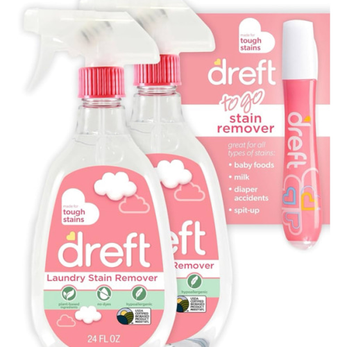 Dreft Stain Remover for Baby Clothes and Hypoallergenic Baby Stain Remover Spray Plus Travel Size Stain Treater Pen, 24 Fl Oz ( Pack of 2 + Stain Pen)