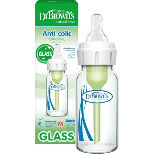 Dr. Brown's Anti-Colic Options+ Narrow Glass Baby Bottle, 4 oz, 1-Pack | Clinically proven to reduce colic, glass bottle with Level 1 slow flow nipple, 0m+, BPA-free