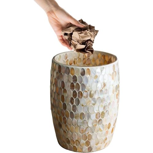 Escenzy Natural Shell Bathroom Trash Can Mosaic Glass 5L | Decorative Small Garbage Can | 7" x 10" | Luxury Waste Basket for Restroom, Office, Bedroom & Kitchen | Shiny Glass Bathroom Accessories