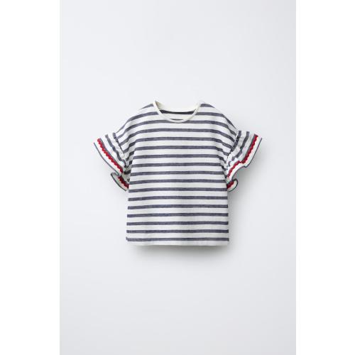 WOVEN STRIPED RUFFLE TOP - Navy blue | ZARA United States
