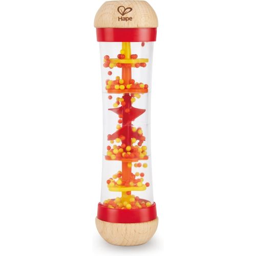 Hape Beaded Raindrops | Mini Wooden Musical Toddler Instrument, Shake & Rattle Rainmaker Toy, Red