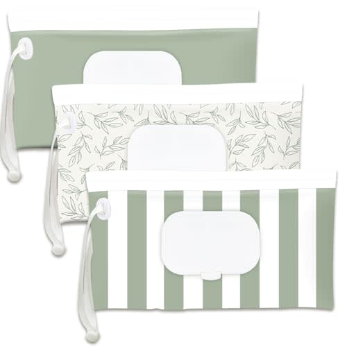 Baby Wipe Holder,Wipe Dispenser, 3-Pack Portable Refillable Wipe Container,Reusable Travel Baby Wipes Case, Waterproof and Dustproof, Wipe Holder for Diaper (Green)