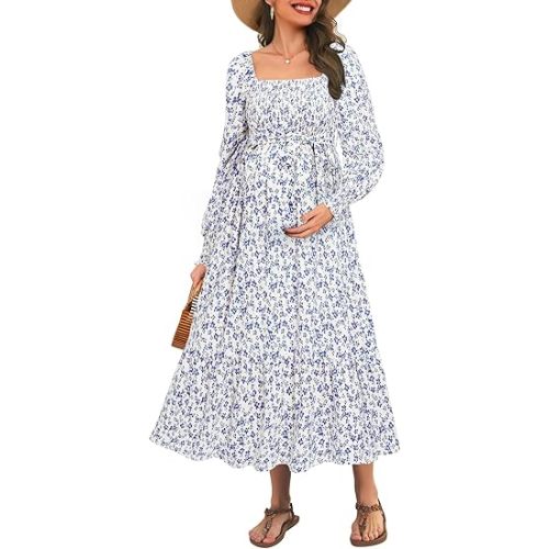 Maternity Dress for Baby Shower - 2025 Fall Spring Photoshoot Smocked Square Neck Pregnancy Wedding Guest Midi Dress
