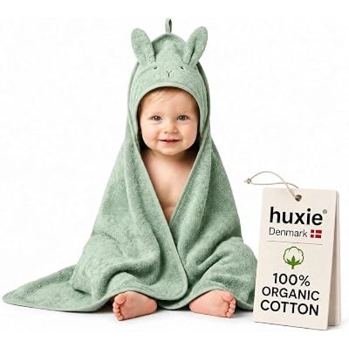 Hooded Baby Towel – 100% Organic Cotton Baby Bath Towels – Baby Boy Newborn Essentials - Super-Soft and Absorbent. (Rabbit - Roman Green)