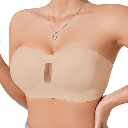 Womens Strapless Bras Back Closure Seamless Bandeau Bra Non-Slip Push Up Tube Top Wireless Padded Bralette with Mesh