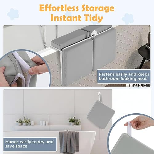 YUFIXO Baby Bath Kneeler and Elbow Rest Pad Set, 1.5 Inch Thick Memory Foam Soft Bath Kneeler with Bath Toys Organizer, Non-Slip, Quick-Dry, Foldable Kneeling Mat, Ideal Gift for Parents, Gray