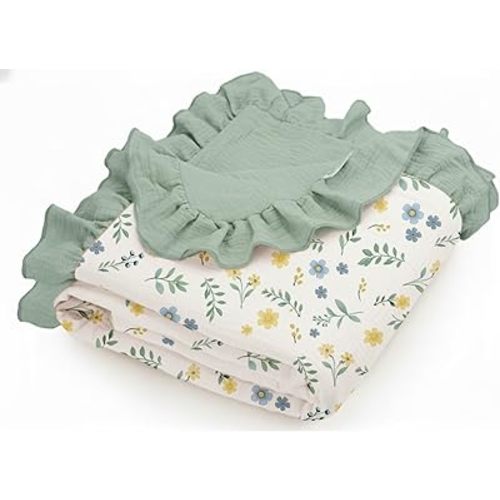 meowcards Muslin Swaddle Ruffled Blankets for Baby, Unisex Baby Boys Girls Essentials, Large 52 x 52 inches, Boho Receiving Blankets Newborn Registry Must Haves (Spring Garden-Ruffled, Printed)