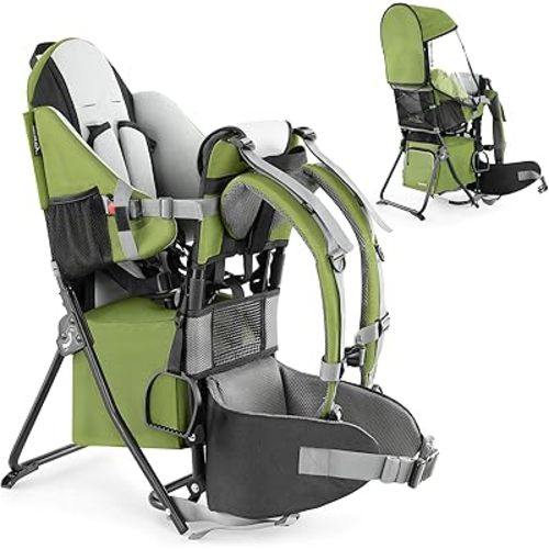 besrey Baby Backpack Carrier, Toddler Hiking Backpack with Safety 3-Height Seat, Adjustable Straps&Waist Belt, Foldable Frame Lightweight Large Capacity Child Carrier for Hiking (Army Green)