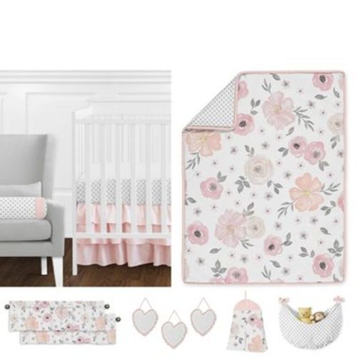 Sweet Jojo Designs Crib Bedding Set - Watercolor Floral - 11pc Pink/Gray