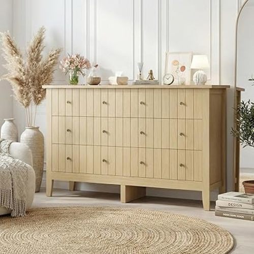 FOTOSOK Modern Dresser, Chest of Drawers, 6 Drawer Double Dressers with Deep Drawers, Wide Storage Organizer Cabinet for Living Room, Hallway, Natural Wood