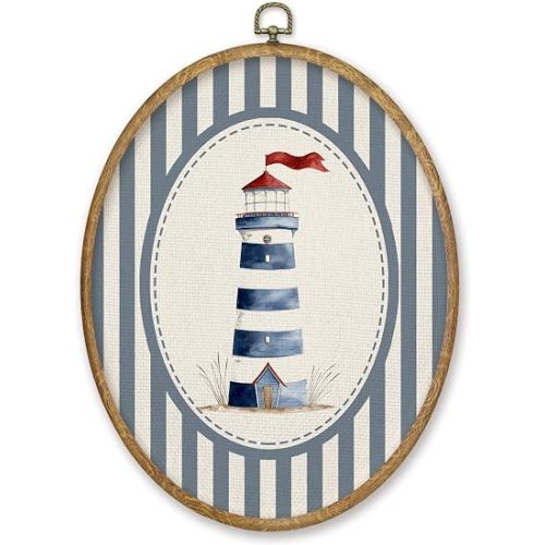 CGBHW Coastal Nautical Nursery Oval Wall Art Decor, Kids Room Canvas Prints Framed, Nautical Beach Lighthouse Blue Striped Wall Art Hanging Decor for Home Kitchen Kids Boys Nursery Room Bedroom, 8.6x11.4 Inch
