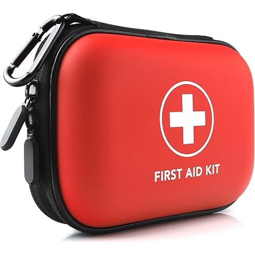 Mini First Aid Kit, 100 Pieces Water-Resistant Hard Shell Small Case - Perfect for Travel, Outdoor, Home, Office, Camping, Hiking, Car (Red)