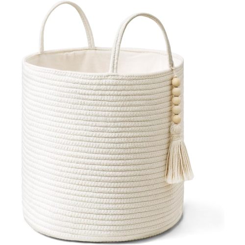Mkono Woven Storage Basket with Handles Decorative Cotton Rope Basket Wooden Bead Decoration for Blankets,Toys,Clothes,Living Room Home Decor, 11", White