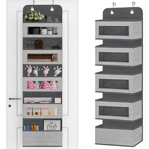 VERONLY Over The Door Hanging Organizer Storage with 5 Large Pockets,Wall Mount Clear Windows and 2 Widened Metal Hooks for Pantry,Nursery,Diapers,Bathroom,Kitchen,Closet,Dorm