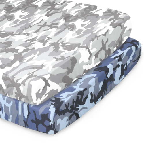 Peanutshell Baby Bedding Set: Mini Crib Sheets for Pack n Play & Portable Crib, Blue/Grey Camo, 2 Pack