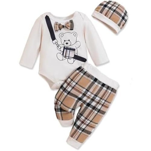 Newborn Baby Boy Clothes Boy Outfit Infant Romper Winter Fall Long Sleeves Pants Set Hat 3PC