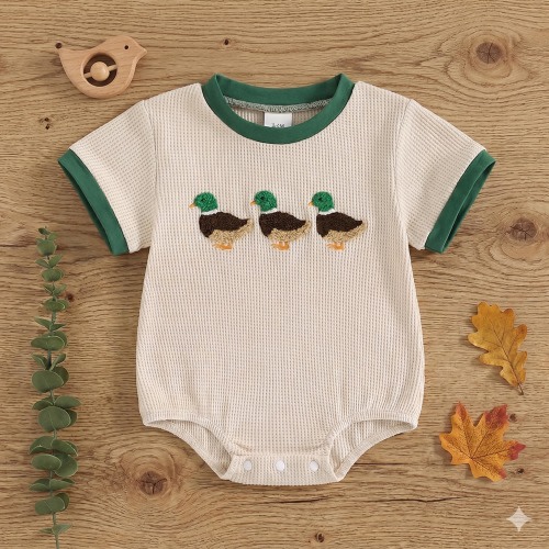Baby Girl Boy Duck Romper, Embroidered Mallard Duck Newborn Bodysuit, Vintage Green Ringer Infant Outfit, Gender Neutral Baby Gift