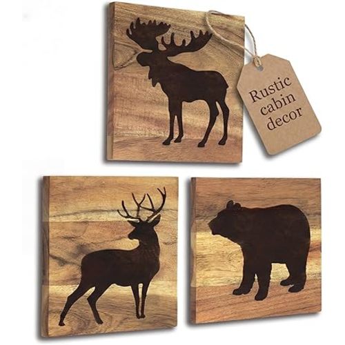 HomeRustique Real Wooden Cabin Decor with Bear, Deer and Moose (Set of 3) - Woodland Rustic Cabin Wall Decor & Art for Home, Living Room, Hunting Theme, Mountain Lodge or Bathroom