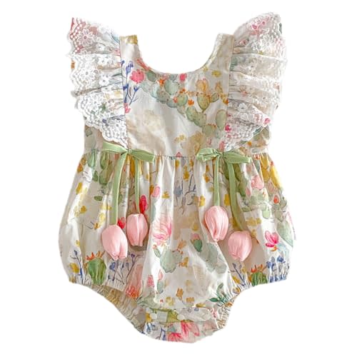Newborn Baby Girl Blue Floral Lace Romper Vintage Sleeveless Bodysuit Infant Summer Homcoming Baptism Outfit