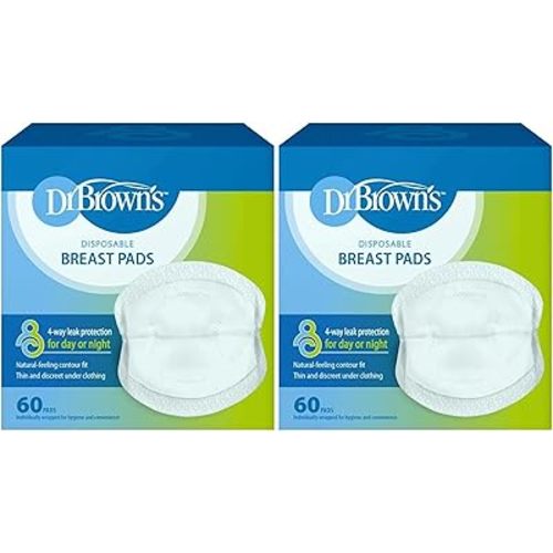 Dr. Brown's Disposable Breast Pads for Leakproof Protection, Absorbent and Discreet Nursing Pads with Adhesive Strips for Day or Night, 120 Count (Pack of 2)