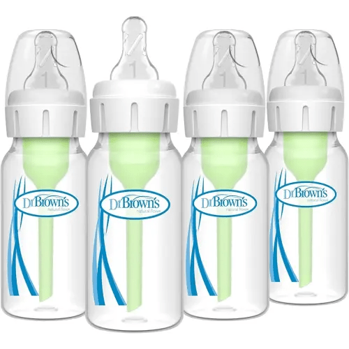 Dr. Brown's Natural Flow Anti-Colic Options+ Narrow Baby Bottle, 4 oz/120 mL, with Level 1 Slow Flow Nipple, 0m+, 4 Pack