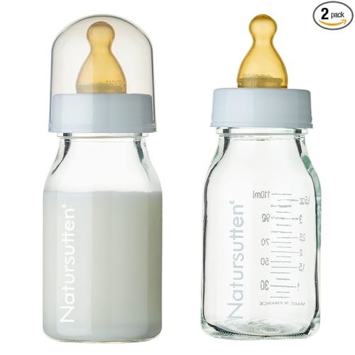 Natursutten Anti-Colic Glass Baby Bottle 2-Pack - 4 Ounce Bottles for Breastfeeding Babies - Newborn Bottles Set: Natural Rubber Slow-Flow Bottle Nipples, Seals, Valves, Baby Bottle Caps