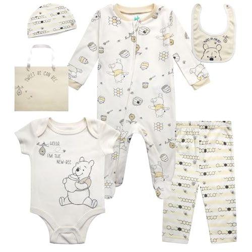 Disney Newborn Baby Girl Boy Clothes - 7 Piece Mickey Mouse Winnie the Pooh Bib Onesie Overall Beanie Pants Gift Bag Gift Set