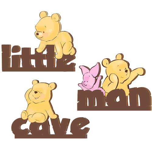 wjrsxilt Little Man Cave Wall Decor - 3 Pcs Cute Bear Wooden Words Decor Room Nursery Boy Decoration - for Winnie Wall Decoration Kids Playroom Baby Boys Room Home