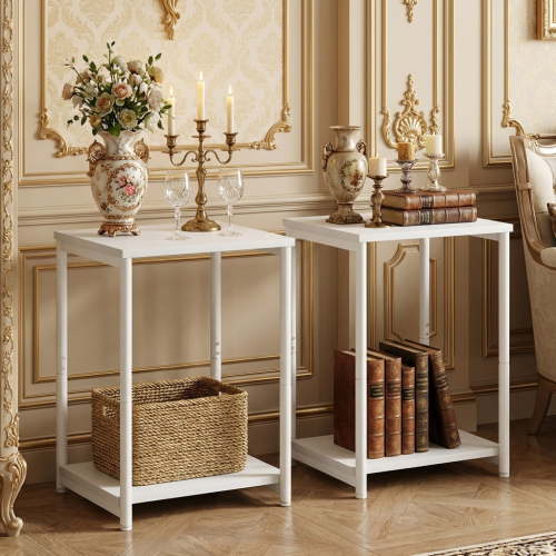 LEDREM Side Tables Set of 2, Slim Industrial End Tables with 2-Tier Storage, Sturdy Steel Frame & Particleboard, for Living Room,Bedroom,Office, White