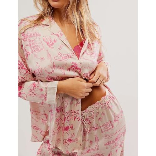 Women Satin Pajamas Set 2 Piece Western Cowgirl Silk Pjs Long Sleeve Floral Pjs Wide Leg Pants Button Down Loungewear