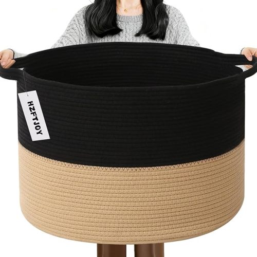 Large Storage Basket with Handle,19.7" L x 19.7" W x 13" H Blanket Basket Storage Bins for Organizing,65L Cotton Rope Woven Baskets for Living Room, Nursery ,Bedroom,Black&Camel