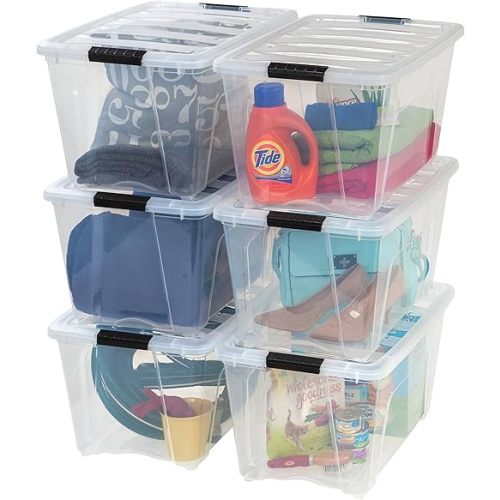 IRIS USA 54 QT Plastic Storage Box with Lid and Latches - 6 Pack - BPA-Free, See-Through Organizing Solution, Durable Nestable Stackable Containers, Secure Pull Handle - Clear