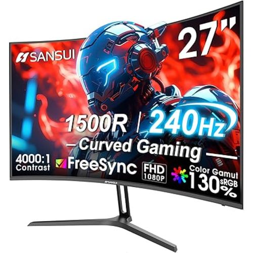 SANSUI 27 Inch Curved 240Hz Gaming Monitor FHD 1080P, 1500R Curve Computer Monitor, 130% sRGB, 4000:1 Contrast, HDR, FreeSync, MPRT 1Ms, Low Blue Light, HDMI DP Ports, Metal Stand, DP Cable Incl.