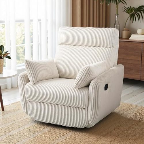 Swivel Recliner Chair for Adults, Corduroy Nursery Glider Rocking Chair, Armchair with 2 Pillows, Comfy High Back Reclining for Small Spaces, Nursery Bedroom Living Room (Beige)
