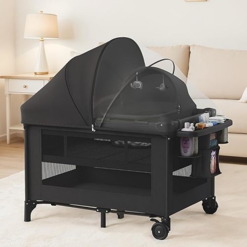 4-in-1 Baby Bassinet with Playard, Napper Bassinet, Changing Table, Mosquito Net & Canopy, Storage and Toys for Newborn to Toddler