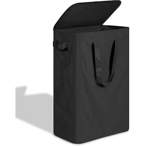 efluky Slim Laundry Basket with Lid, Narrow Laundry Hamper with Handles, Collapsible Dirty Clothes Hamper, Tall Laundry Bin for Laundry Room, Dorm and Bedroom, 55L Black