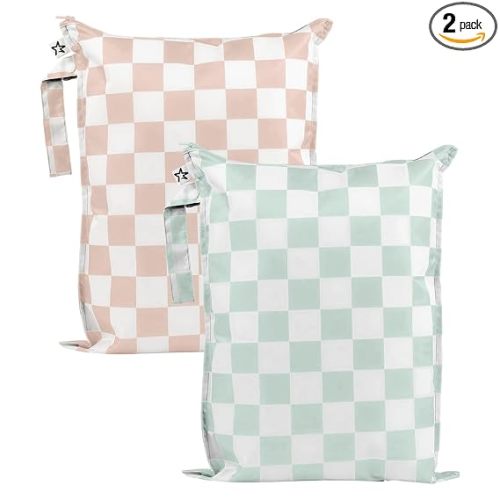 Tiny Twinkle Mess Proof Wet Bags | 2-Pack Reusable Waterproof Wet Bags for Swimsuits | Baby Clothes | Travel & Diaper Bag (Unisex Checkers)